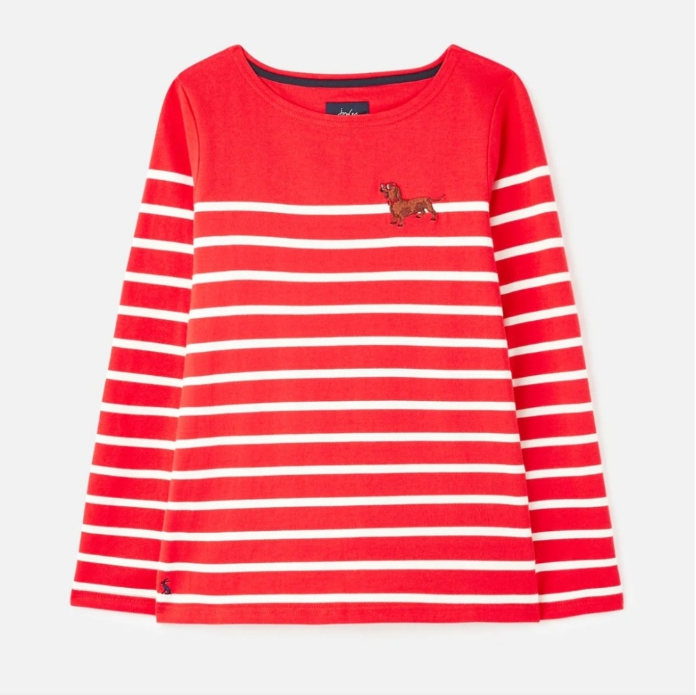 JOULES Womens Harbour Embroidered Sausage Dog Red Dash Dachshund Jersey Top